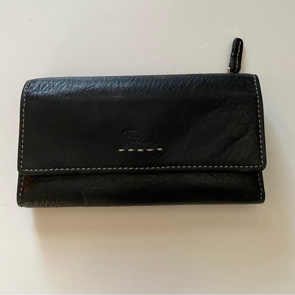 Fossil trifold soft leather flap wallet black Pebbled Pop Stitch Clutch Wallet